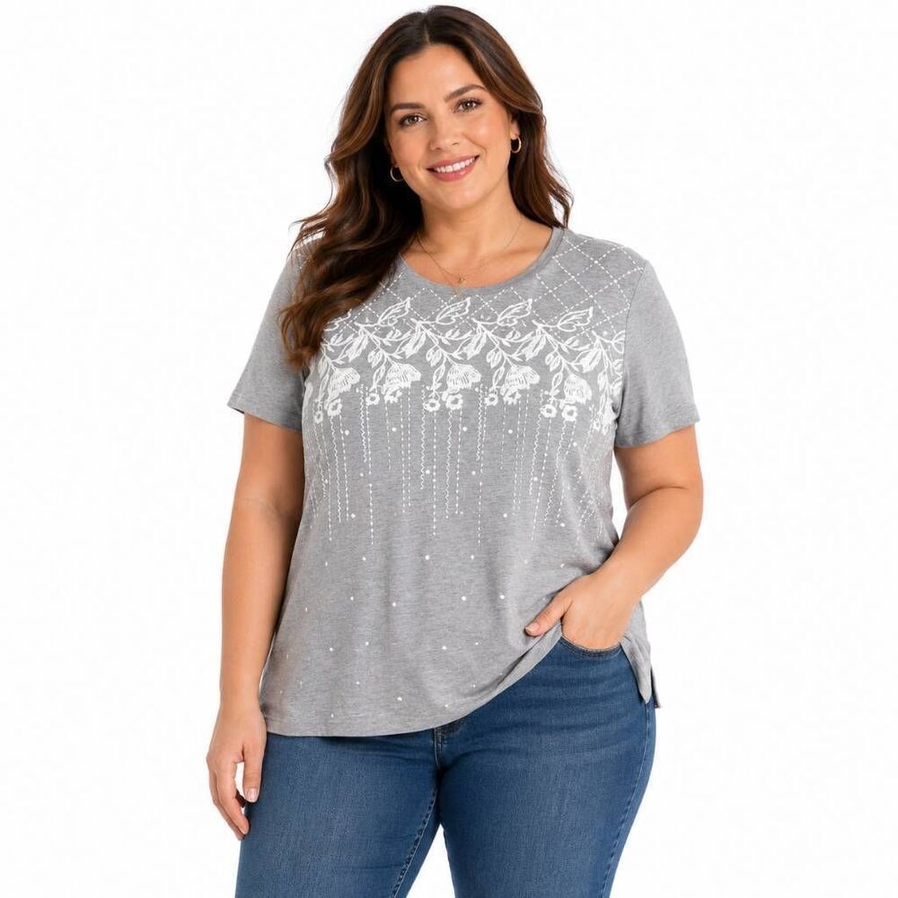Christopher & Banks Gray Floral Graphic Tee Large